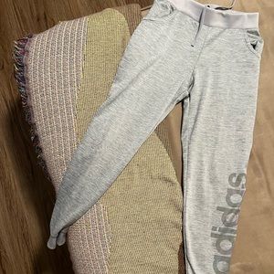 Girls grey adidas joggers with rainbow lettering